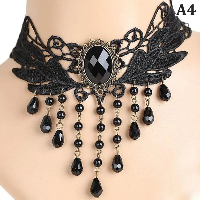 Choker Gótico de Encaje Negro con Cristal – Gargantilla Victoriana Steampunk