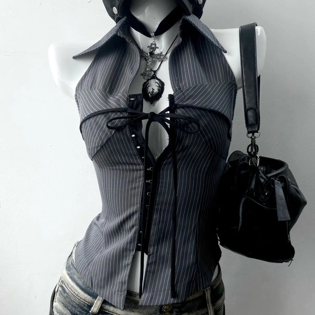 Top Grunge de Rayas con Cordones Y2K