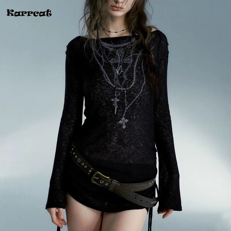 Top Ribbed Tattoo Print Gothic Alt