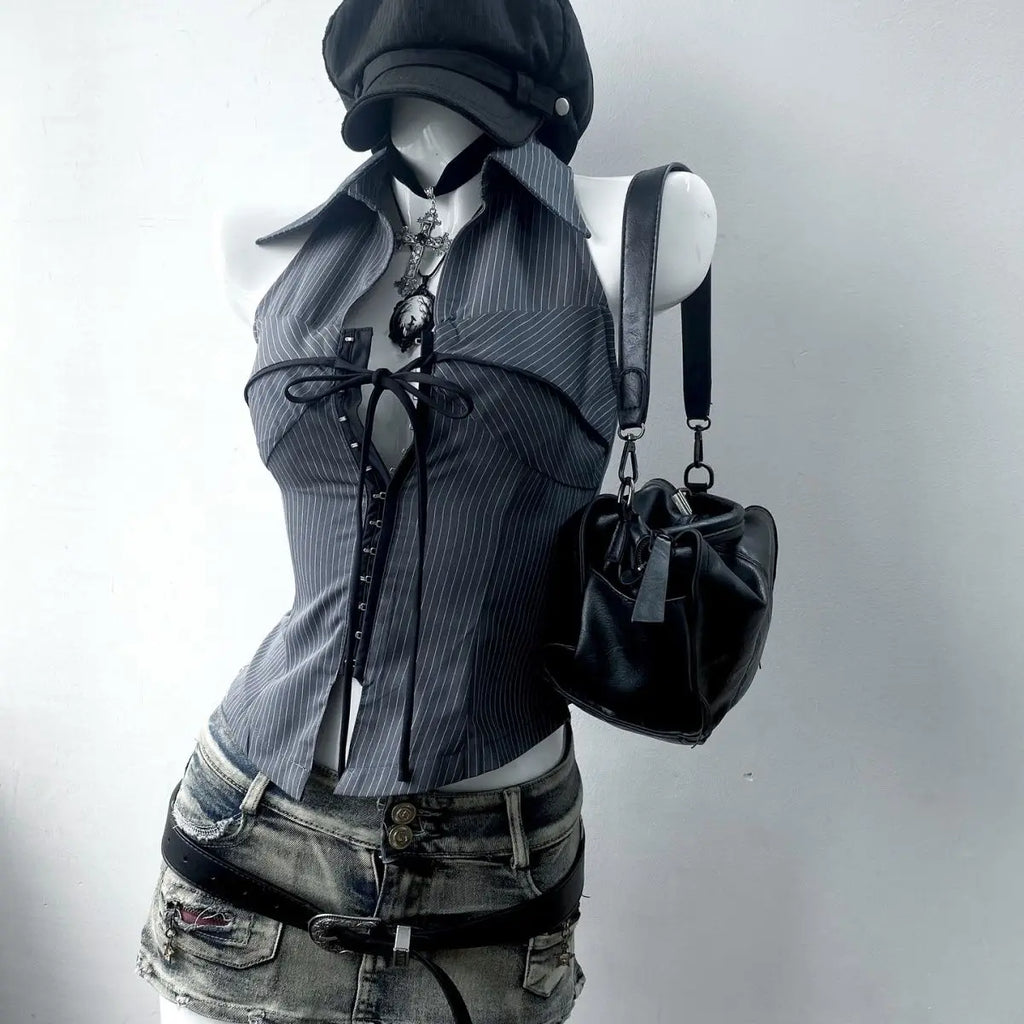 Top Grunge de Rayas con Cordones Y2K