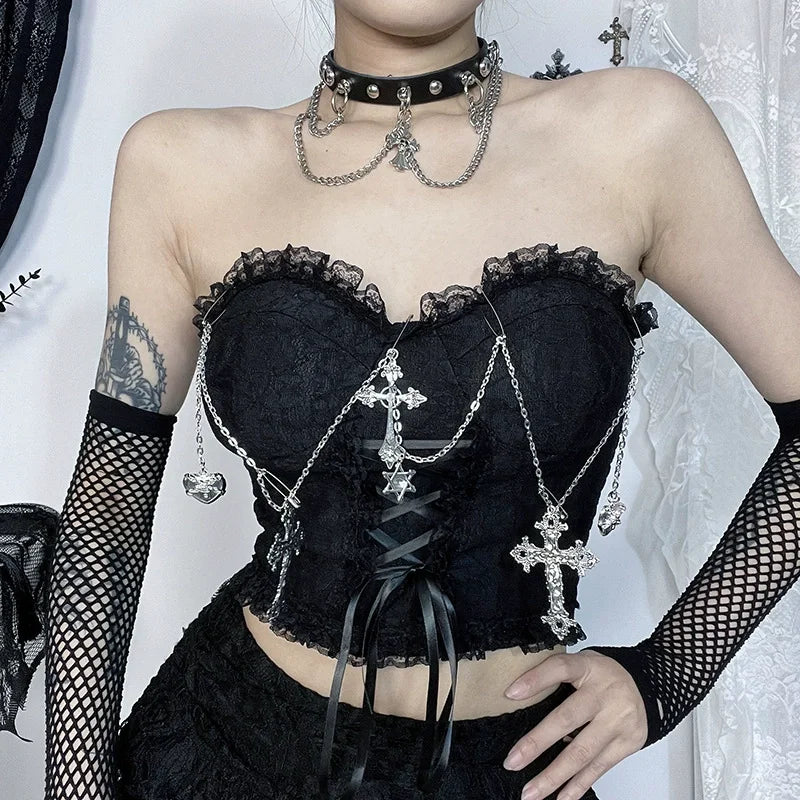 Camisola Gótica con Encaje y Cuentas Y2K Crop Tank Tops