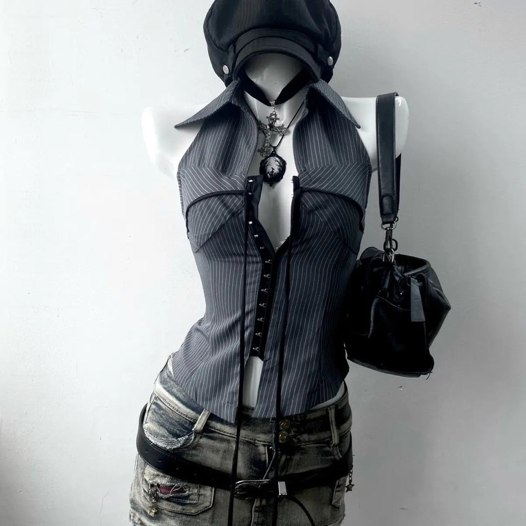 Top Grunge de Rayas con Cordones Y2K