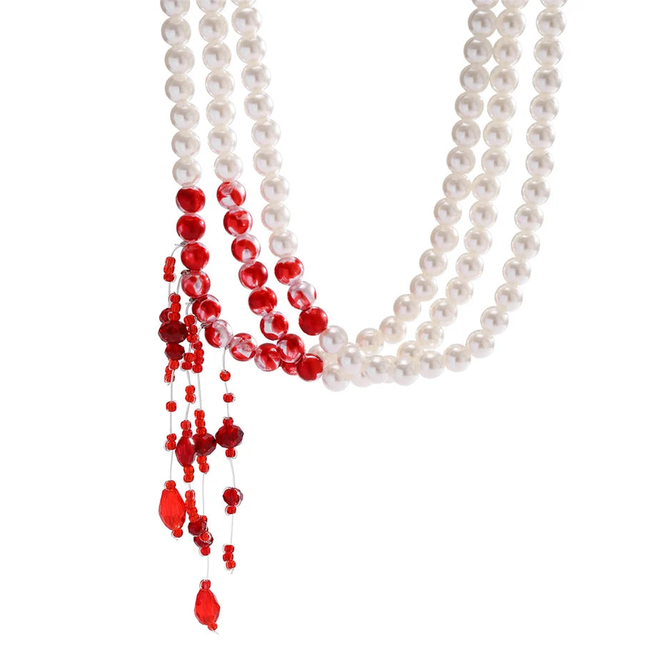 Collar Gótico de Perlas y Sangre Multicapa