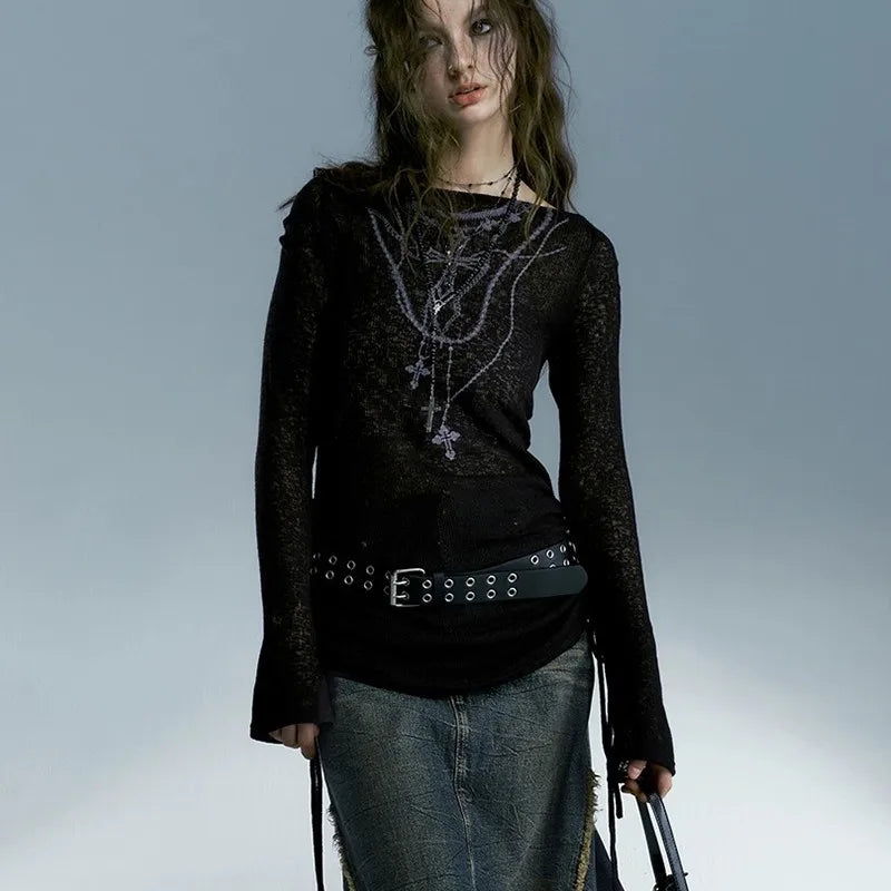 Top Ribbed Tattoo Print Gothic Alt