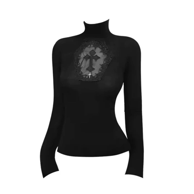 Top Crop Gótico de Cuello Alto con Aberturas – Estilo Grunge Vintage