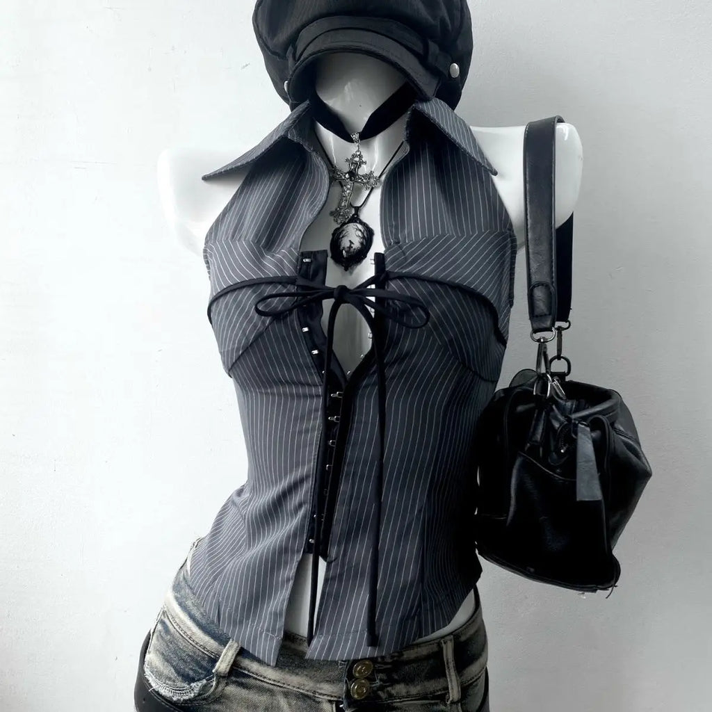 Top Grunge de Rayas con Cordones Y2K