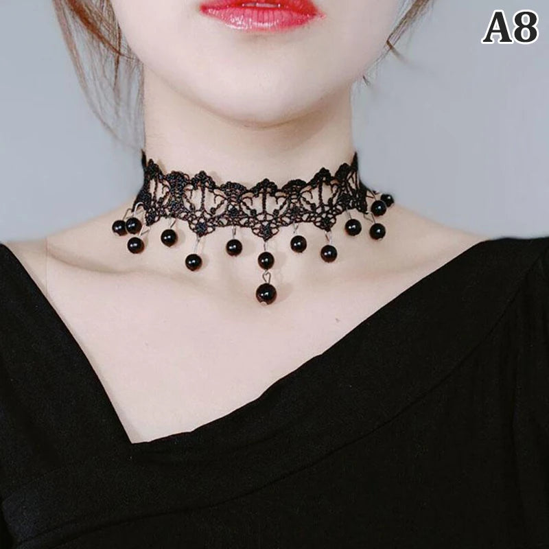 Choker Gótico de Encaje Negro con Cristal – Gargantilla Victoriana Steampunk