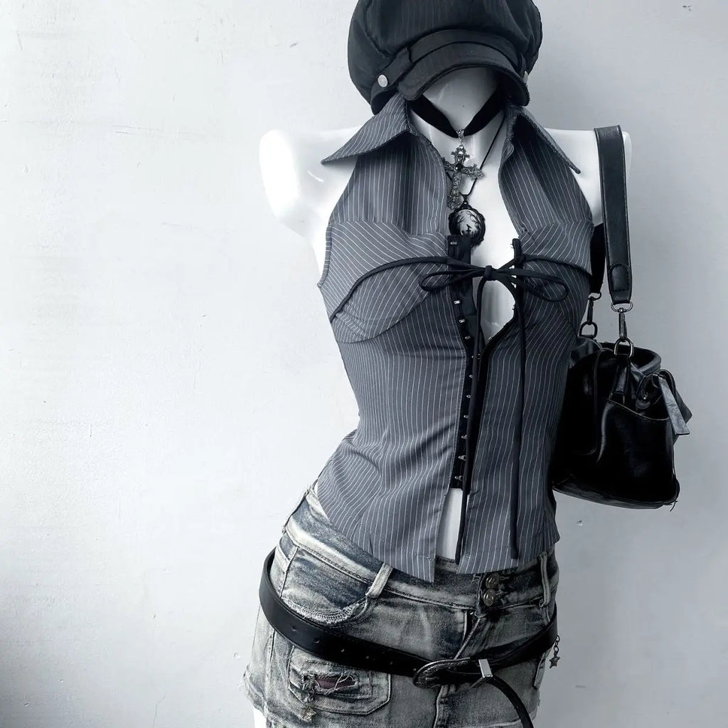 Top Grunge de Rayas con Cordones Y2K