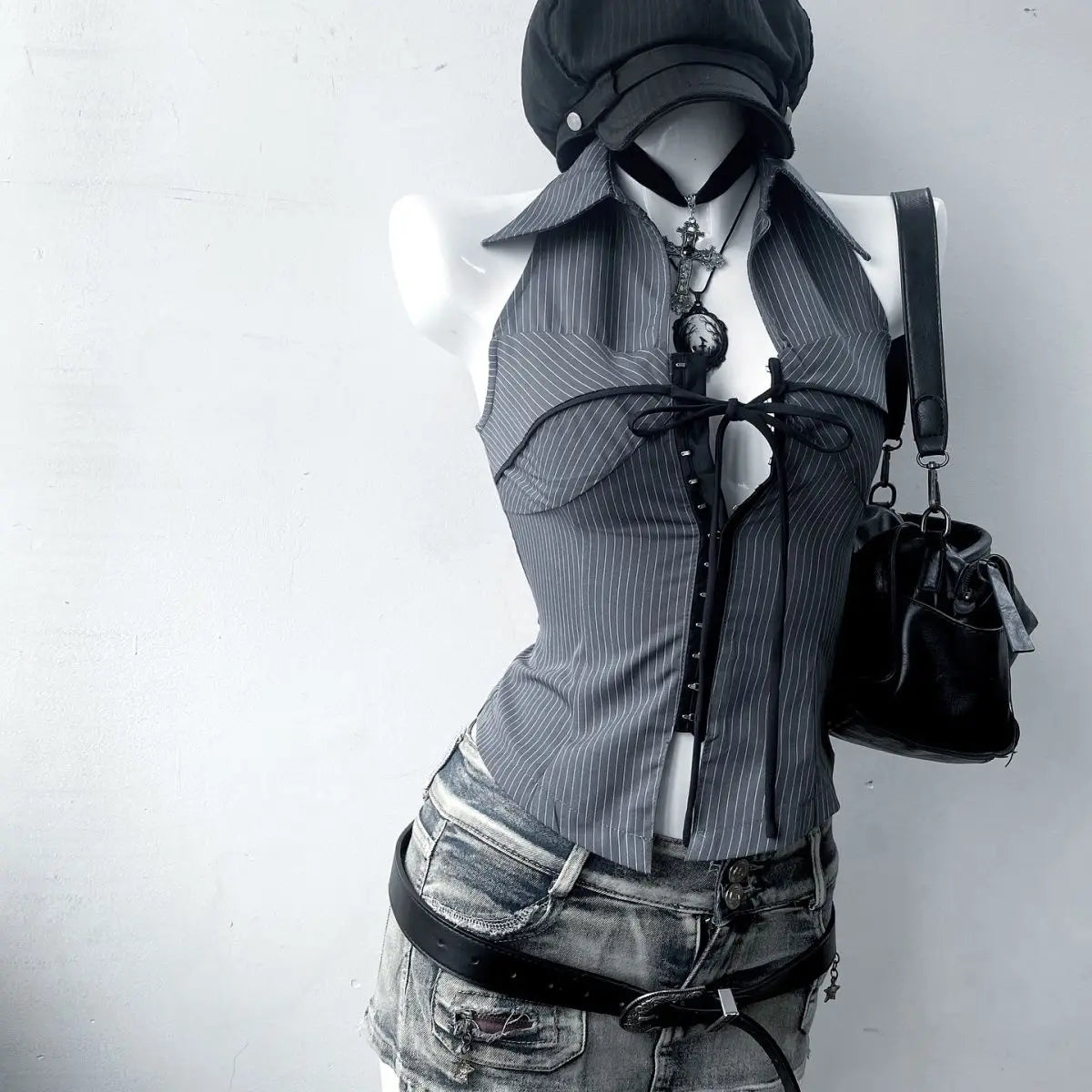 Top Grunge de Rayas con Cordones Y2K