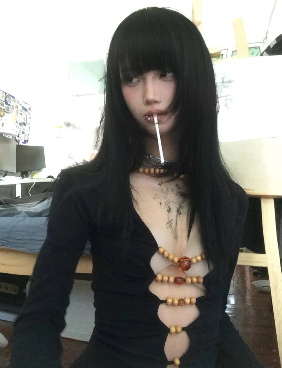 Top Harajuku Vintage Manga Larga con Aberturas