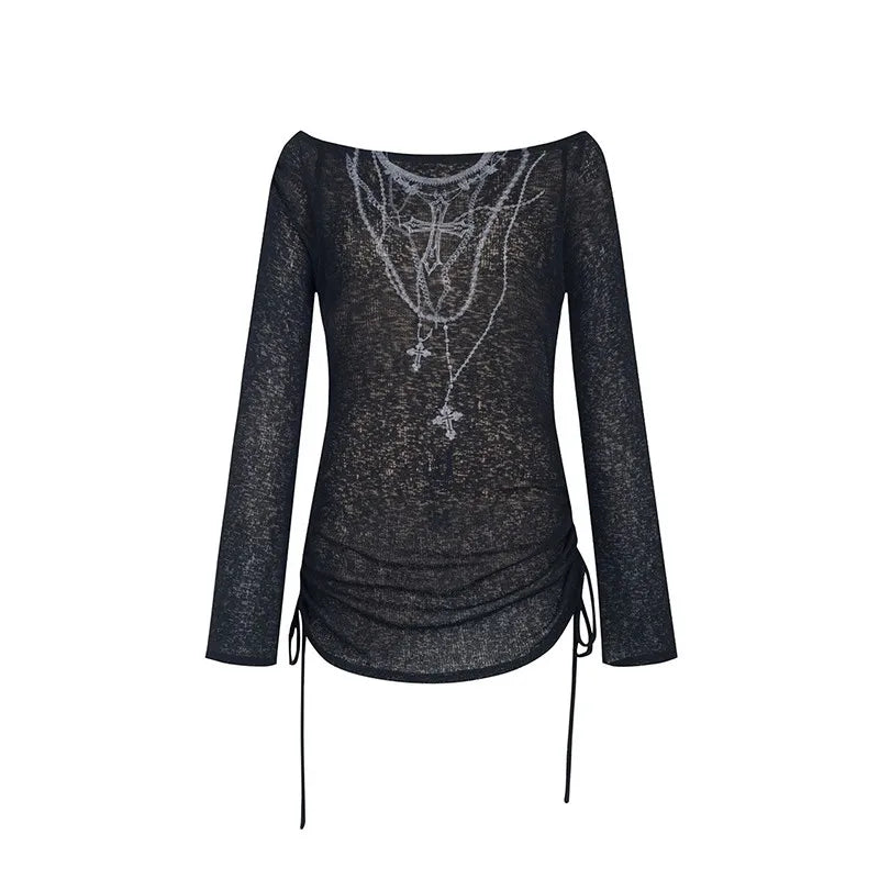 Top Ribbed Tattoo Print Gothic Alt